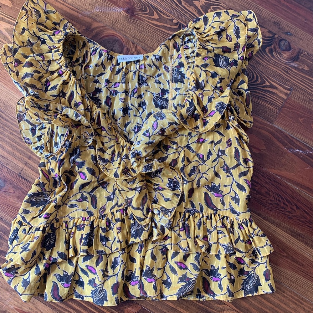 Ulla Johnson ruffled yellow floral top